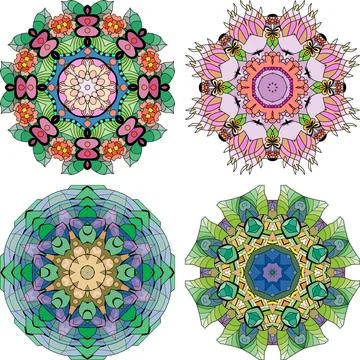 Hand drawn zentangle set of 4 color mandalas for decoration Stock Illustration