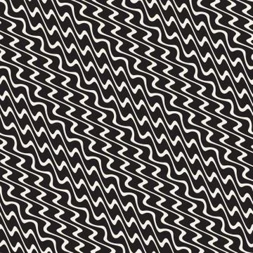 Hand Drawn ZigZag Diagonal Wavy Stripes. Vector Seamless Black and White Pattern Stock Illustration