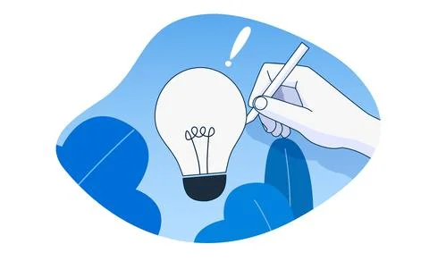 Hand draws a light bulb. The concept of creativity and ideas. Modern flat style. Stock Illustration