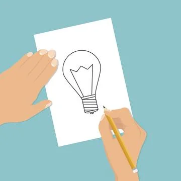 The hand draws a light bulb on a piece of paper. A painted light bulb. Stock Illustration