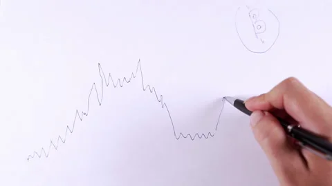 The hand draws a stock chart with a probable direction of movement. Stock Footage 159438678