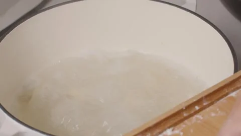 Hand Dropping Dumplings into Boiling Water in White Pot, Close-up Cooking Shot Stock Footage 336522218