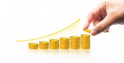 Hand is dropping gold coin on stack of coins with growing arrow Stock-Fotos