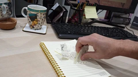 Hand Dropping Torn Paper Onto Office Notebook Stock Footage 339816301