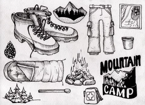 Hand drown kit, set of hiking, camping equipment Stock Illustration