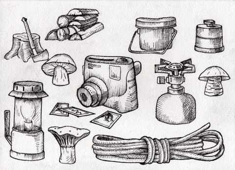 Hand drown kit, set of hiking, camping equipment, black and white, scanned Stock Illustration