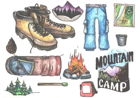 Hand drown kit, set of hiking, camping equipment Stock Illustration
