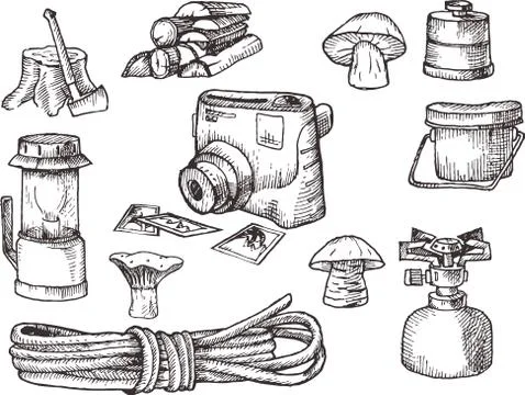 Hand drown kit, set of hiking, camping equipment, black and white, scanned Stock Illustration