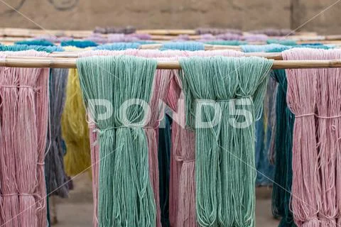 Hand dyed alpaca thread in an artisanal workshop in Peru Stock Photos