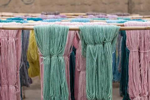 Hand dyed alpaca thread in an artisanal workshop in Peru Stock Photos