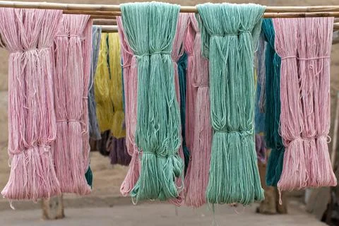 Hand dyed alpaca thread in an artisanal workshop in Peru Stock Photos