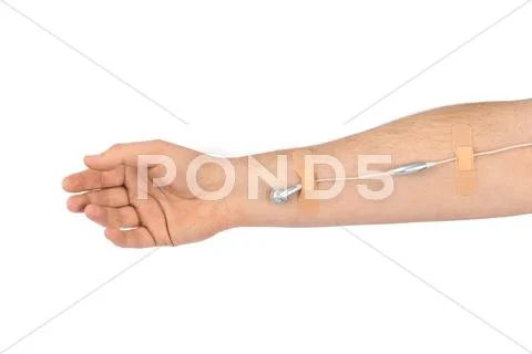 Hand with earphones like medical IV infusion Stock Photos