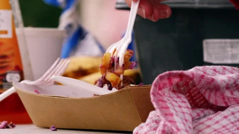 Hand eating pulled pork and fries and food festival Stock Footage 250512205