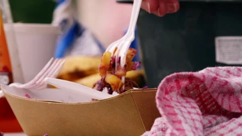 Hand eating pulled pork and fries at food festival slow motion selective focus Stock Footage 255999301