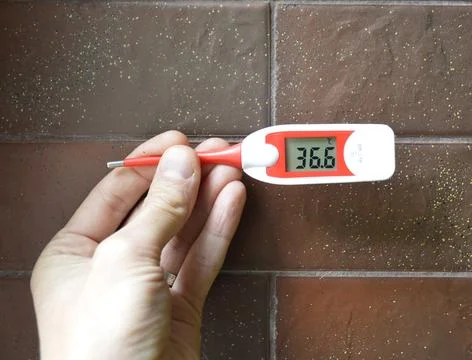 Hand with an electronic thermometer on the background of a brick wall 스톡 사진