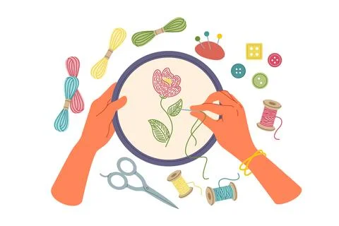 Hand embroidery and creative needlework using stretched canvas and needles with Stock Illustration