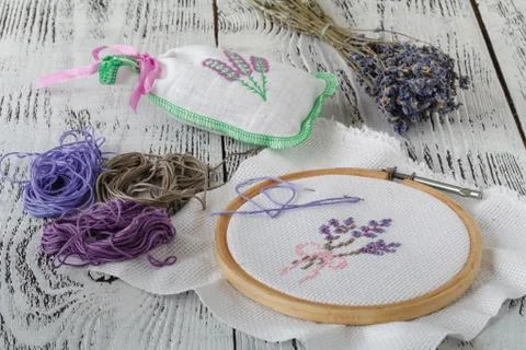 Hand embroidery on fabric, pattern lavender Stock Photos