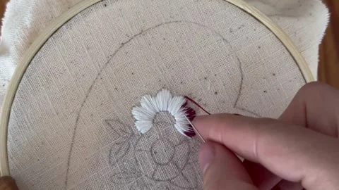 Hand embroidery stitching process on, cozy slow living craft Stock Footage 335193787