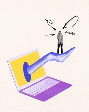Hand emerges from computer screen presenting candidate, online recruitment Stock Photos