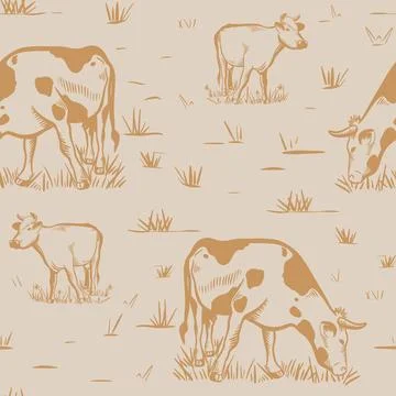 Hand engraved cows grazing on meadow seamless pattern Ilustración de archivo