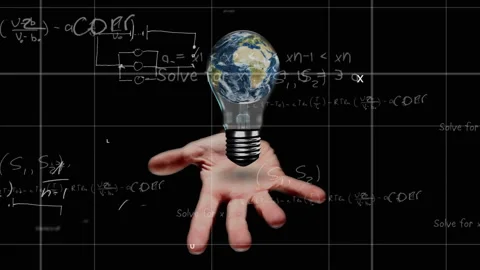 Hand entering forming bulb on palm globe rotating while equations drawing Stock Footage 315406502