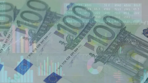 Hand entering frame and fanning 100-euro notes, aligning stacks while charts Stock Footage 329454030