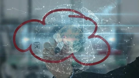 Hand entering frame drawing red cloud around globe with icons glowing lightbulb Stock Footage 330339176