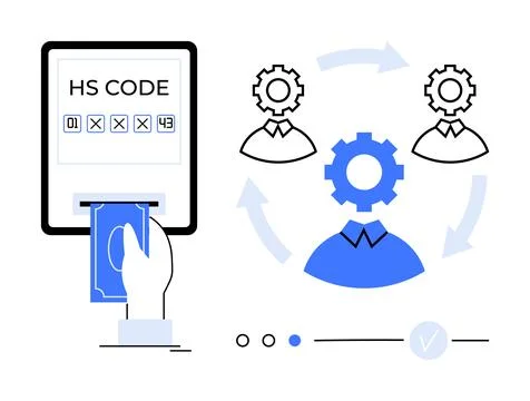 Hand entering HS Code card into machine with gear icons and avatar symbols .. Illustrazione stock