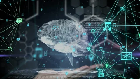 Hand entering, materializing and rotating 3D brain projection forming network Stock Footage 310283216