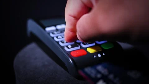 Hand Entering Pin Code On Credit Card Payment Terminal Keypad Stock Footage 338420069