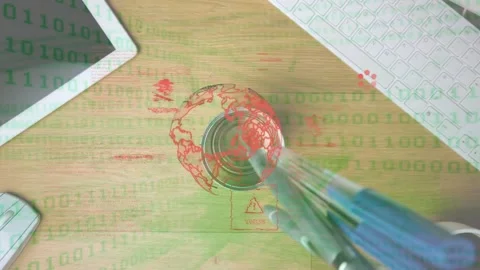 Hand entering from right, placing pens into metal cup, threat icons rotating and Stock Footage 334881774
