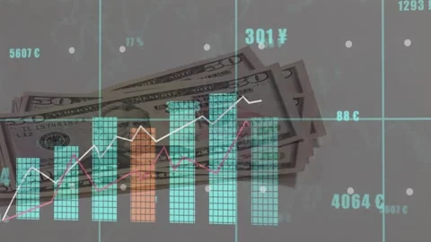 Hand entering top-left placing USD50 bill, fanning stack while charts building, Stock Footage 329470640