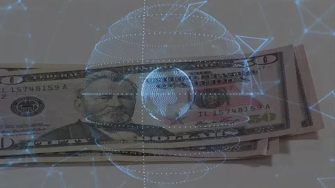 Hand entering top-left sliding and fanning USD50 stack while blue globe rotating Stock Footage 328656825