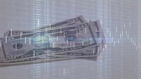 Hand entering upper-left, placing $50 bills, fanning stack over finance overlay Stock Footage 329454035