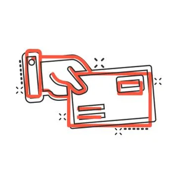 Hand with envelope icon in comic style. Mail letter delivery cartoon vector i Stock-Illustration