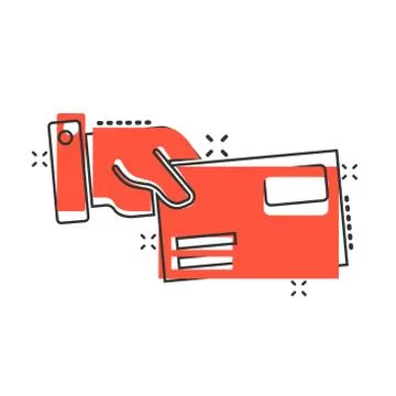 Hand with envelope icon in comic style. Mail letter delivery cartoon vector i Stock-Illustration