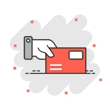 Hand with envelope icon in comic style. Mail letter delivery cartoon vector i Stock-Illustration