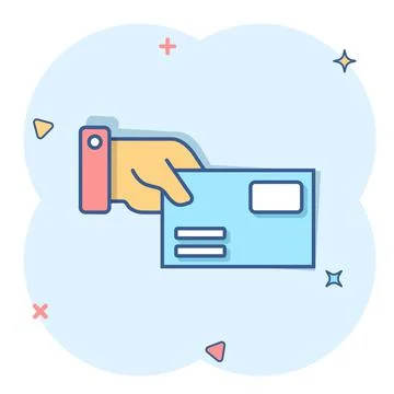 Hand with envelope icon in comic style. Mail letter delivery cartoon vector i Stock-Illustration