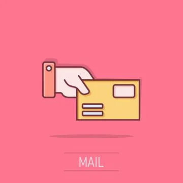 Hand with envelope icon in comic style. Mail letter delivery cartoon vector.. Illustrazione stock