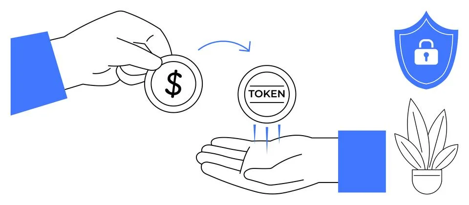Hand exchanging dollar coin for token with security shield and plant symbol.. イラスト素材