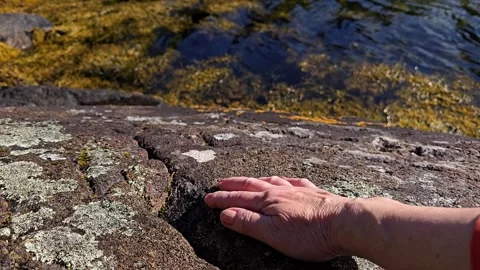 Hand exploring deep crack in spotted granite stone by the sea Stock Footage 344472395
