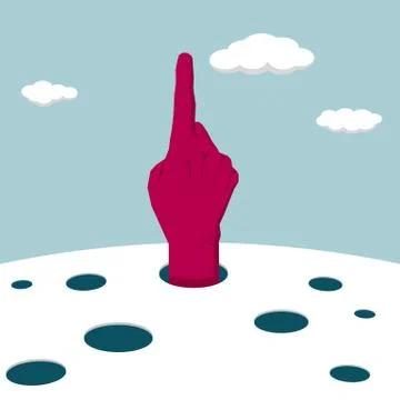 Hand extend from the trap. White clouds in the blue sky. The hand is red. Illustrazione stock