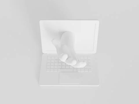 Hand extended from the laptop screen. Computer help concept. Online support 3D Stock Illustration