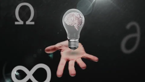 Hand extending upward starting bulb with brain appearing as Greek symbols Stock Footage 313094629