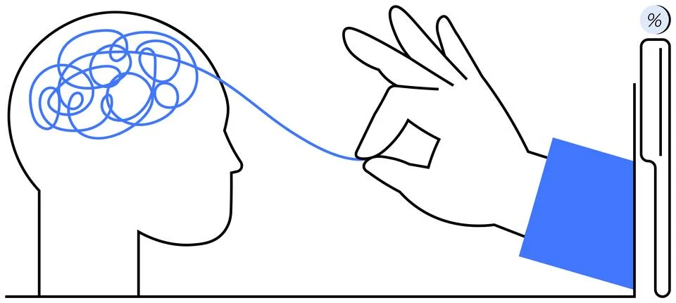 Hand extracting tangled line from human brain symbolizing clarity and menta.. Stockillustratie