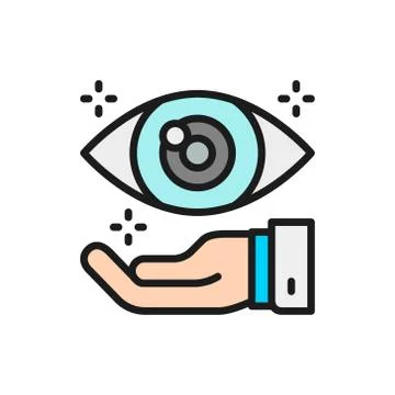 Hand with eye, optical clinic flat color line icon. Illustrazione stock