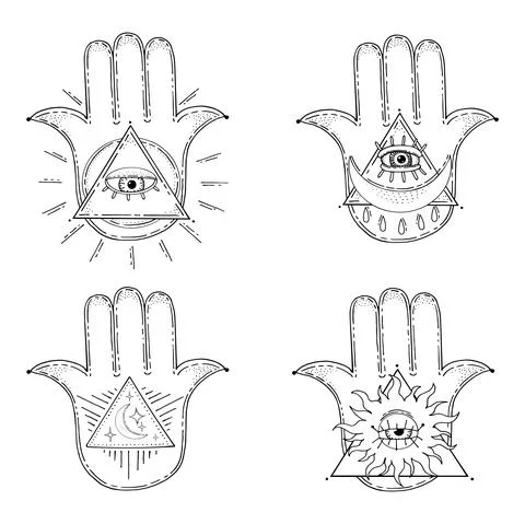 Hand Fatima set. Palm with five fingers. All-seeing eye. Triangle Pyramid Mas Stock Illustration