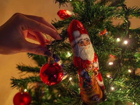 Hand of female decorating christmas tree with red ball and chocolate santa Stock Photos
