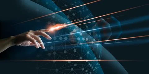 Hand finger with lighting touching global network connection, internet fast.. Stock Photos