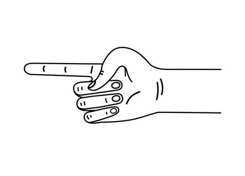 Hand with finger pointing left. Line black and white vector illustration is.. Stock Illustration